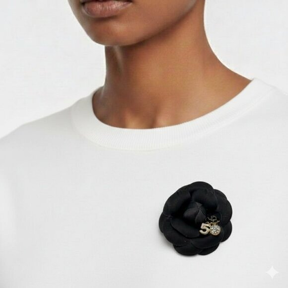 Camellia Style Flower Brooch | Designer-Inspired Luxury Pin | Black Tone - Picture 1 of 10